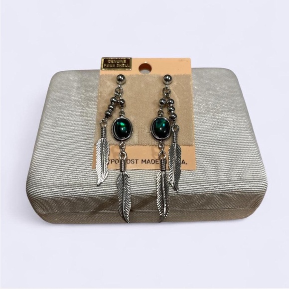 Jewelry - Vintage Silver Tone Genuine Paua Shell Feather Dangle Earrings - New on Card